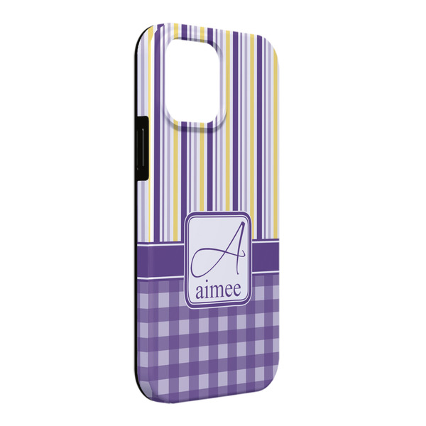 Custom Purple Gingham & Stripe iPhone Case - Rubber Lined - iPhone 13 Pro Max (Personalized)