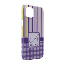 Purple Gingham & Stripe iPhone Case - Plastic - iPhone 14 Pro (Personalized)