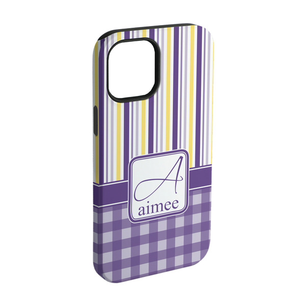 Custom Purple Gingham & Stripe iPhone Case - Rubber Lined - iPhone 15 Pro (Personalized)