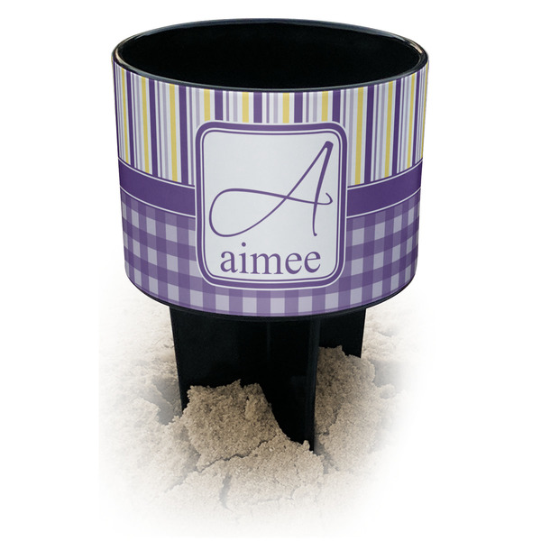 Custom Purple Gingham & Stripe Black Beach Spiker Drink Holder (Personalized)