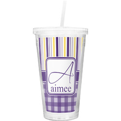 Purple Gingham & Stripe Double Wall Tumbler with Straw (Personalized)
