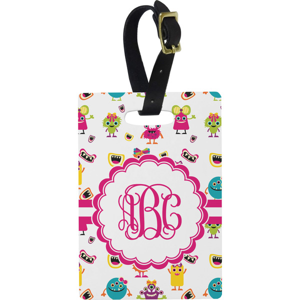 Custom Girly Monsters Plastic Luggage Tag - Rectangular w/ Monogram