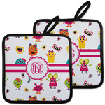 Girly Monsters Pot Holders - Set of 2 w/ Monogram