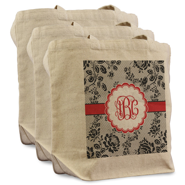 Custom Black Lace Reusable Cotton Grocery Bags - Set of 3 (Personalized)