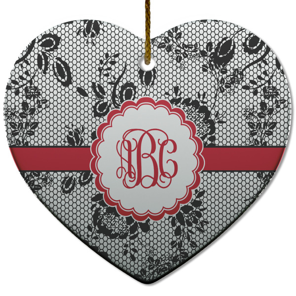 Custom Black Lace Heart Ceramic Ornament w/ Monogram