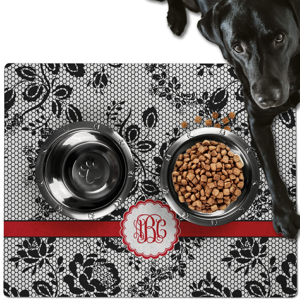 Custom Black Lace Dog Food Mat - Large w/ Monogram