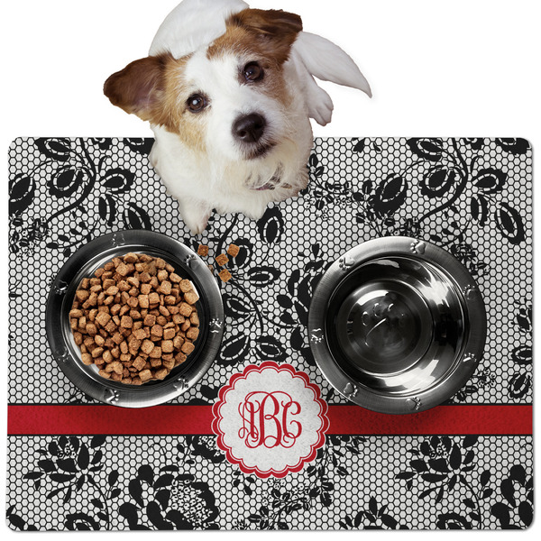 Custom Black Lace Dog Food Mat - Medium w/ Monogram