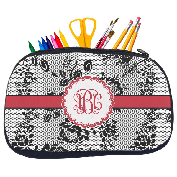 Custom Black Lace Neoprene Pencil Case - Medium w/ Monogram