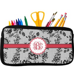 Black Lace Neoprene Pencil Case - Small w/ Monogram