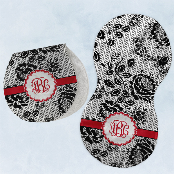 Custom Black Lace Burp Pads - Velour - Set of 2 w/ Monogram