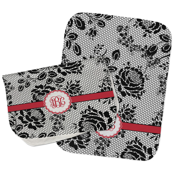 Custom Black Lace Burp Cloths - Fleece - Set of 2 w/ Monogram