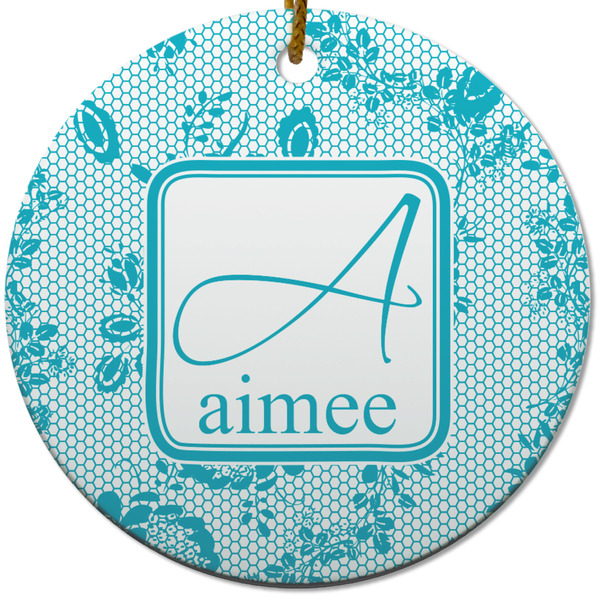 Custom Lace Round Ceramic Ornament w/ Name and Initial