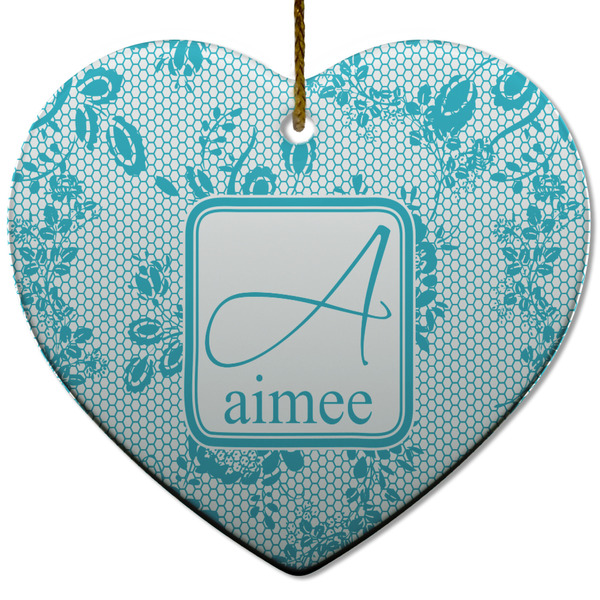 Custom Lace Heart Ceramic Ornament w/ Name and Initial