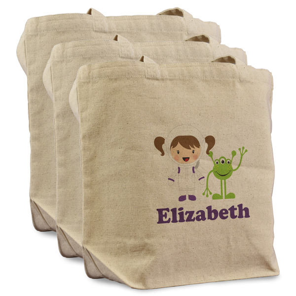 Custom Girls Astronaut Reusable Cotton Grocery Bags - Set of 3 (Personalized)