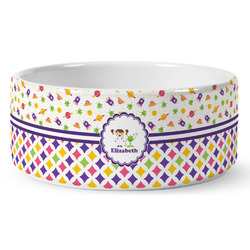 Girl's Space & Geometric Print Ceramic Dog Bowl - Medium (Personalized)