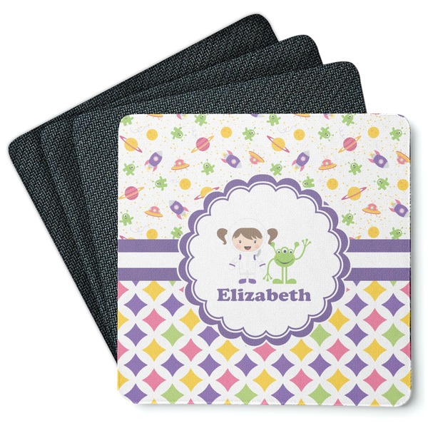 Custom Girl's Space & Geometric Print Square Rubber Backed Coasters - Set of 4 (Personalized)