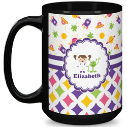 Girl's Space & Geometric Print 15 Oz Coffee Mug - Black (Personalized)