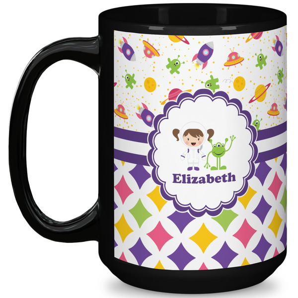 Custom Girl's Space & Geometric Print 15 Oz Coffee Mug - Black (Personalized)