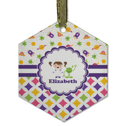 Girl's Space & Geometric Print Flat Glass Ornament - Hexagon w/ Name or Text