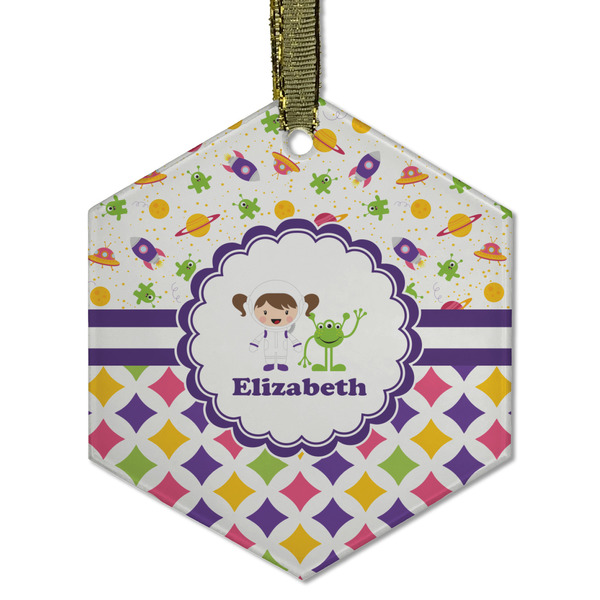 Custom Girl's Space & Geometric Print Flat Glass Ornament - Hexagon w/ Name or Text