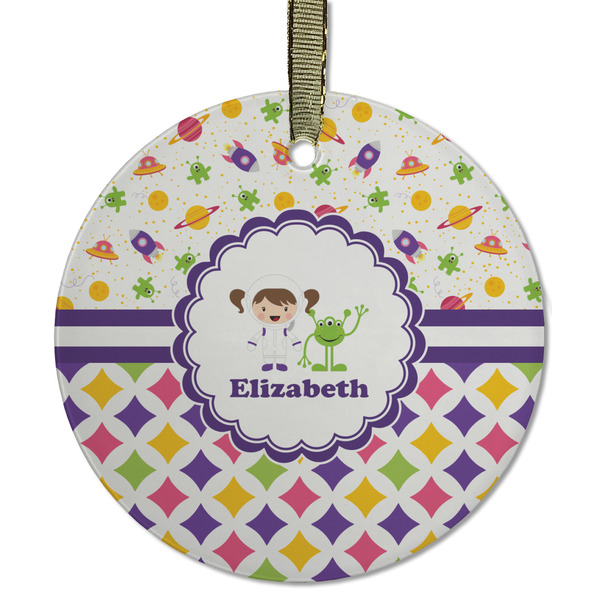 Custom Girl's Space & Geometric Print Flat Glass Ornament - Round w/ Name or Text