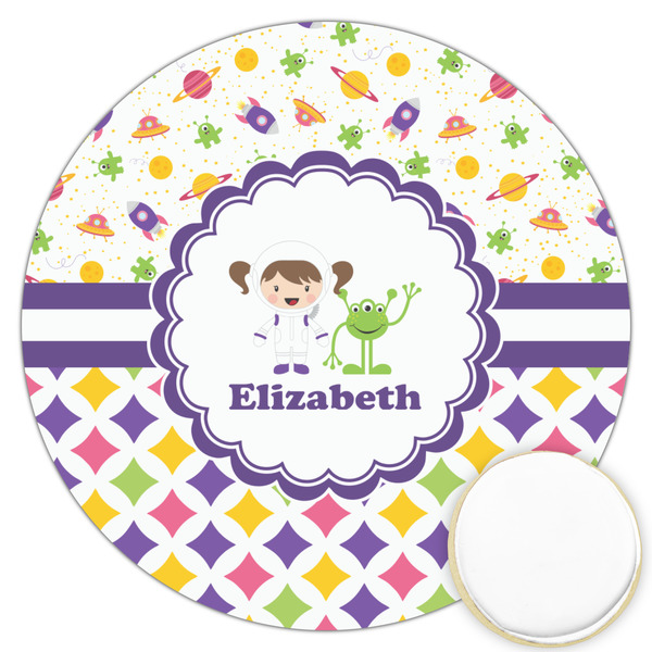 Custom Girl's Space & Geometric Print Printed Cookie Topper - 3.25" (Personalized)