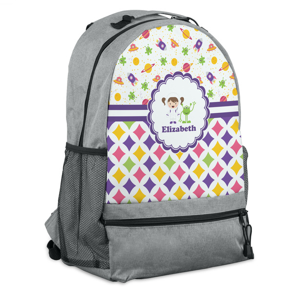 Custom Girl's Space & Geometric Print Backpack - Grey (Personalized)