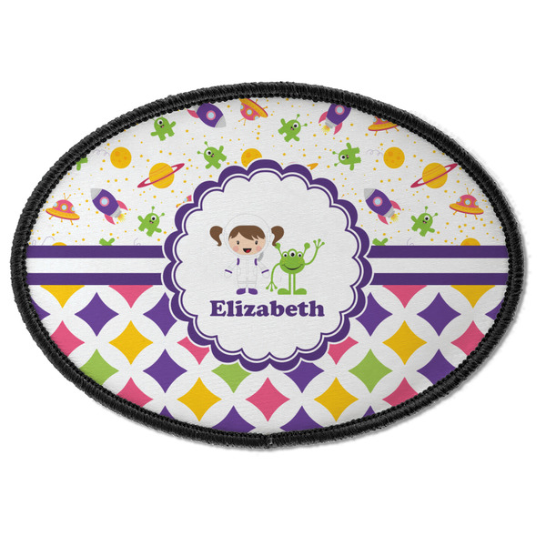 Custom Girl's Space & Geometric Print Iron On Oval Patch w/ Name or Text