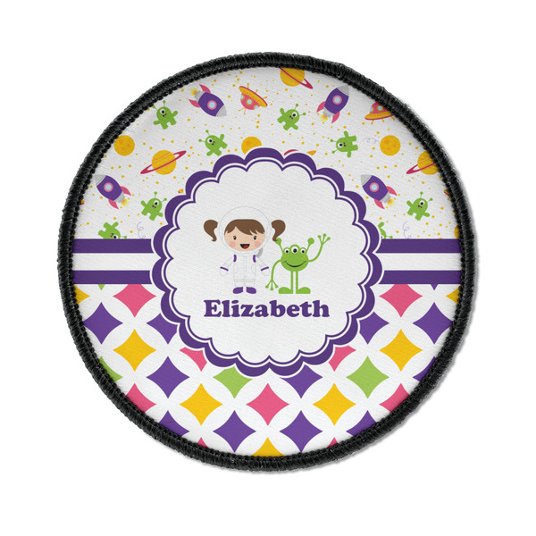 Custom Girl's Space & Geometric Print Iron On Round Patch w/ Name or Text