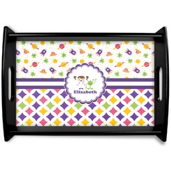 Girl's Space & Geometric Print Black Wooden Tray - Small (Personalized)