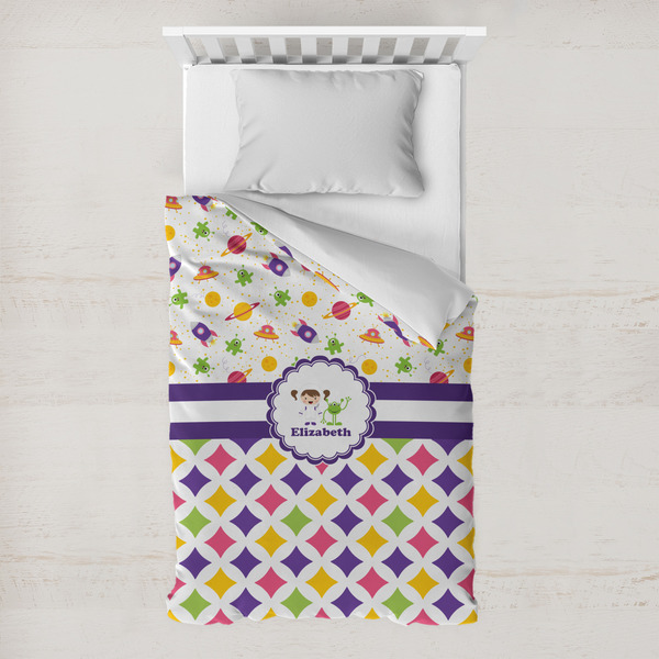 Custom Girl's Space & Geometric Print Toddler Duvet Cover w/ Name or Text