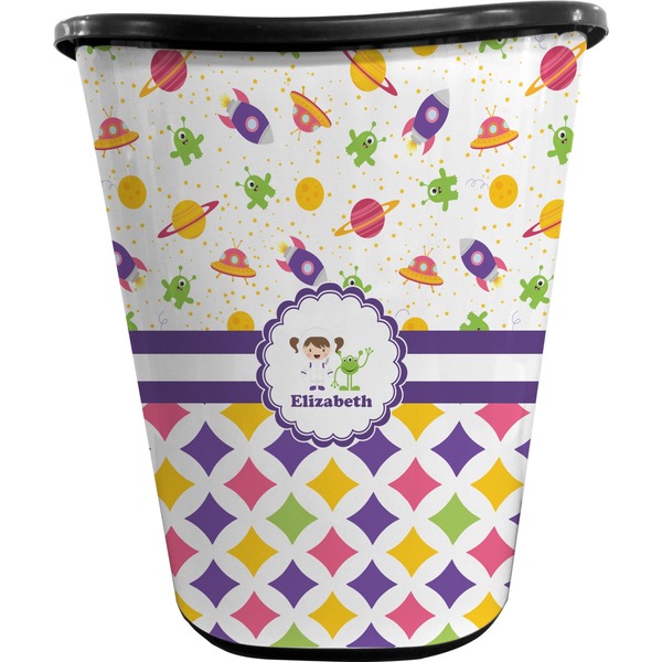 Custom Girl's Space & Geometric Print Waste Basket - Double Sided (Black) (Personalized)