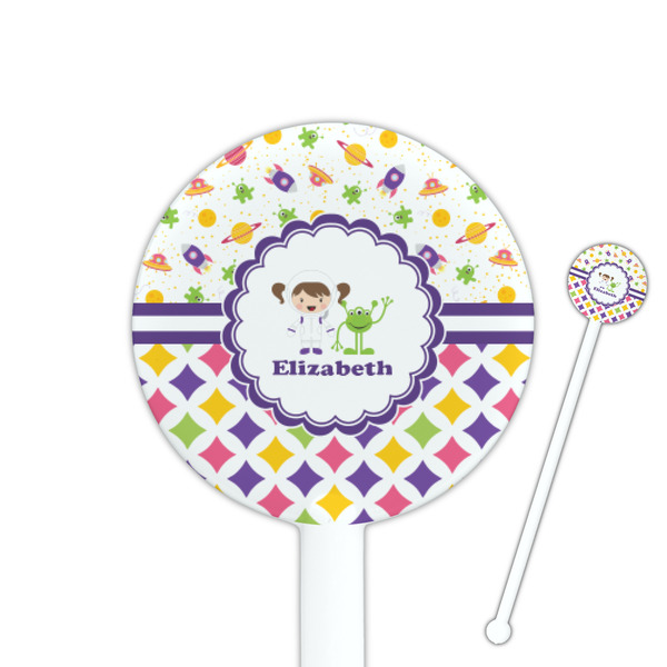 Custom Girl's Space & Geometric Print 5.5" Round Plastic Stir Sticks - White - Single Sided (Personalized)