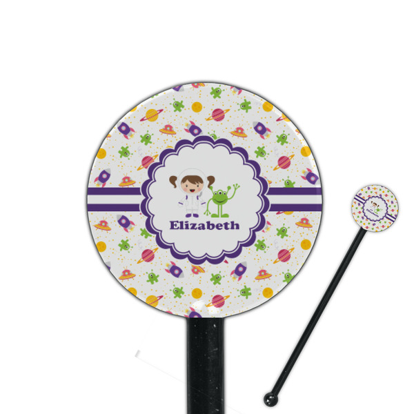 Custom Girls Space Themed 5.5" Round Plastic Stir Sticks - Black - Double Sided (Personalized)