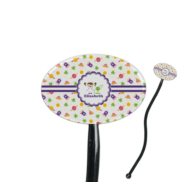 Custom Girls Space Themed 7" Oval Plastic Stir Sticks - Black - Single Sided (Personalized)