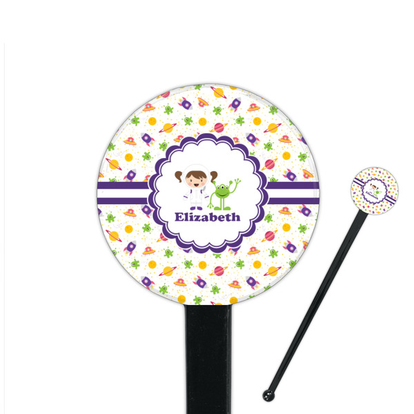 Custom Girls Space Themed 7" Round Plastic Stir Sticks - Black - Single Sided (Personalized)