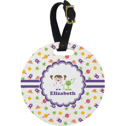 Girls Space Themed Plastic Luggage Tag - Round (Personalized)