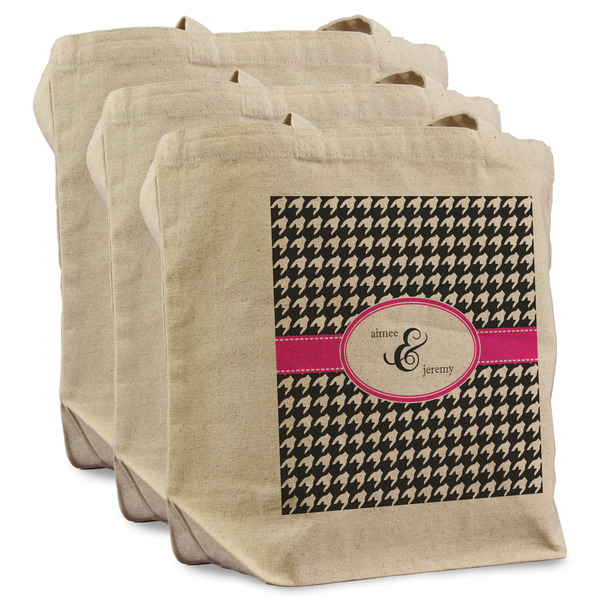 Custom Houndstooth w/Pink Accent Reusable Cotton Grocery Bags - Set of 3 (Personalized)