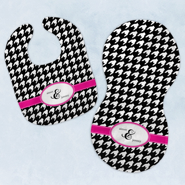 Custom Houndstooth w/Pink Accent Baby Bib & Burp Set w/ Couple's Names