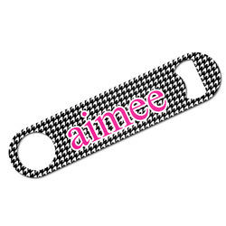 Houndstooth w/Pink Accent Bar Bottle Opener - White w/ Couple's Names