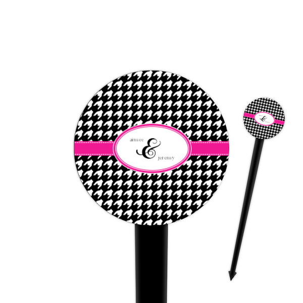 Custom Houndstooth w/Pink Accent 4" Round Plastic Food Picks - Black - Single Sided (Personalized)