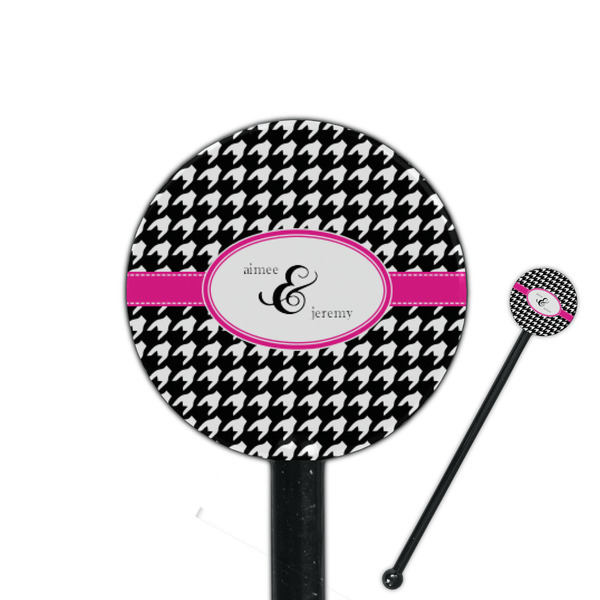 Custom Houndstooth w/Pink Accent 5.5" Round Plastic Stir Sticks - Black - Double Sided (Personalized)