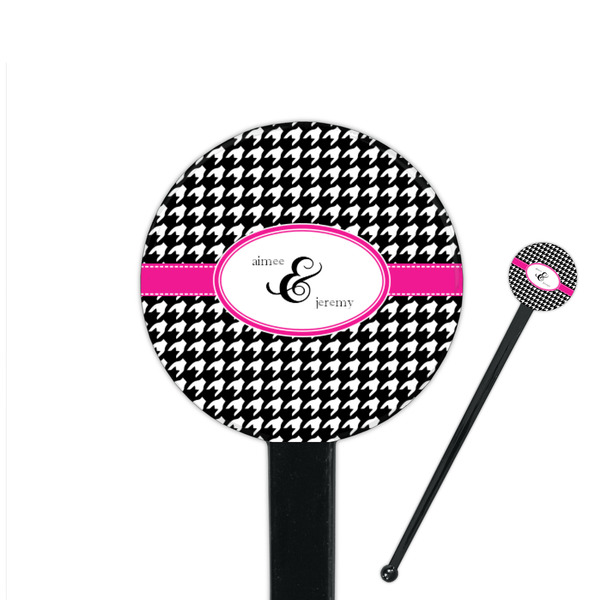 Custom Houndstooth w/Pink Accent 7" Round Plastic Stir Sticks - Black - Double Sided (Personalized)