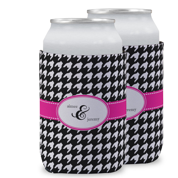 Custom Houndstooth w/Pink Accent Can Cooler (12 oz) w/ Couple's Names