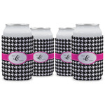 Houndstooth w/Pink Accent Can Cooler (12 oz) - Set of 4 w/ Couple's Names