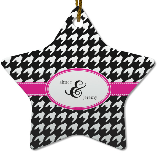 Custom Houndstooth w/Pink Accent Star Ceramic Ornament w/ Couple's Names