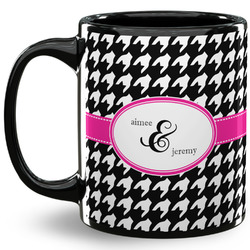 Houndstooth w/Pink Accent 11 Oz Coffee Mug - Black (Personalized)