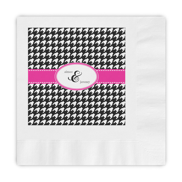 Custom Houndstooth w/Pink Accent Embossed Decorative Napkins (Personalized)