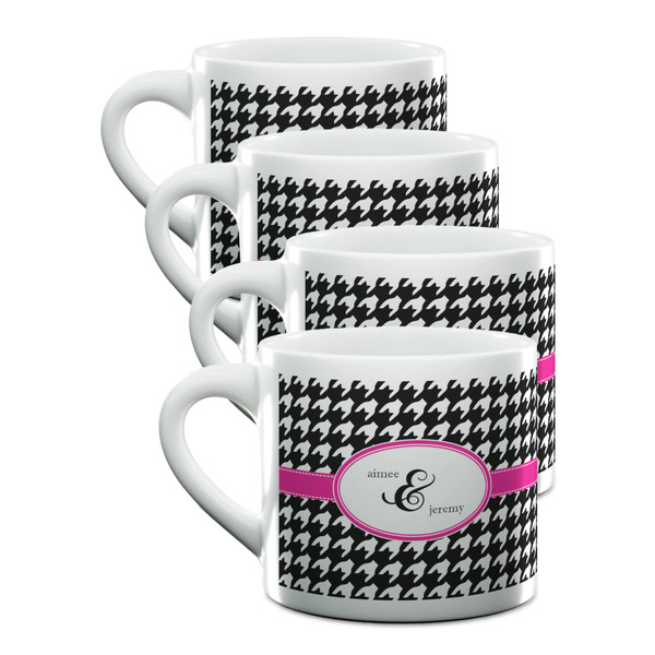 Custom Houndstooth w/Pink Accent Double Shot Espresso Cups - Set of 4 (Personalized)