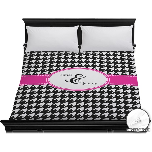 Custom Houndstooth w/Pink Accent Duvet Cover - King (Personalized)